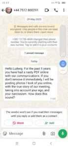 Whatsapp Message with threat of retaliation from Ed Gold Journalist 1